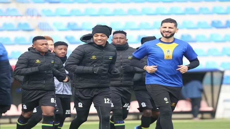Footballers making Tanzania's senior national team are pictured training in Baku