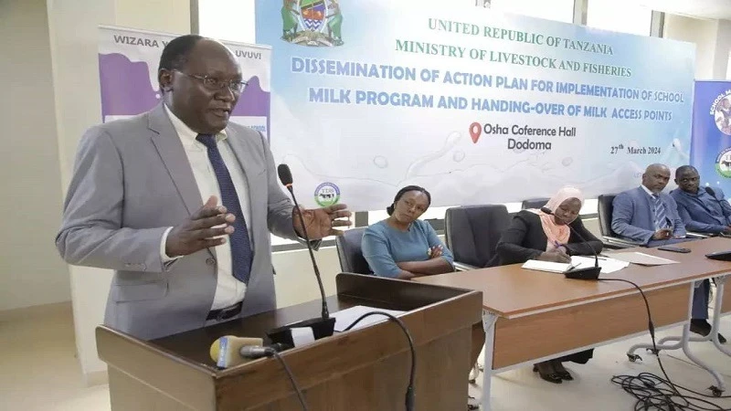 Deputy Permanent Secretary (PS)  in the Ministry of Lvestock and Fisheries,  Prof Daniel Mushi speaks during special meeting tailored for the rolling out of copies of School Milk Feeding Program (SMFP) documents, held over the weekend in Dodoma.
