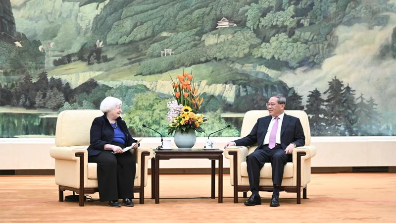Chinese Premier Li Qiang meets with U.S. Treasury Secretary Janet Yellen at the Great Hall of the People in Beijing, capital of China, April 7, 2024. 