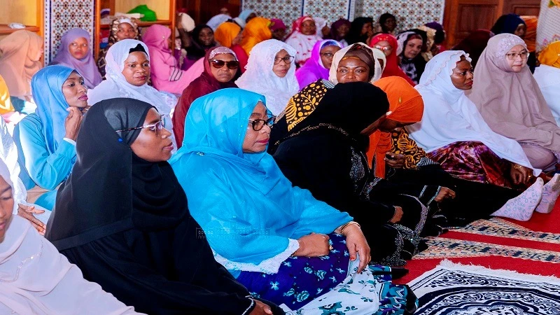 President Samia Suluhu Hassan takes part in Eid El Fitr prayers at King Mohammed VI Mosque in Kinondoni District, Dar es Salaam Region, yesterday. 