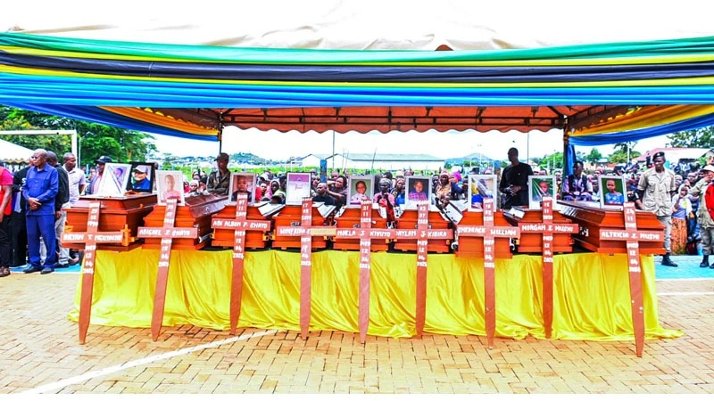 The caskets bearing the bodies of a rescuer and eight pupils of Arusha’s Ghati Memorial Primary School who drowned in a river near Arusha city on Friday morning after floodwaters swept a school bus off the road.