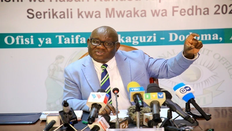 Controller and Auditor General Charles Kichere addresses journalists in Dodoma city yesterday on a report on the audit of the central government’s financial statements for the financial year ending on June 30, 2023.