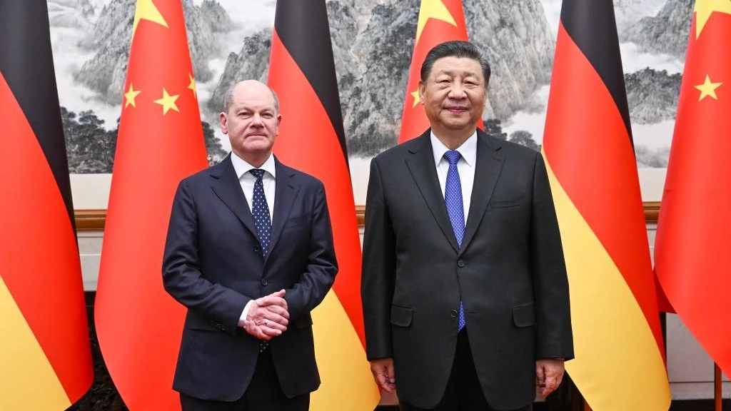 Chinese President Xi Jinping meets with German Chancellor Olaf Scholz at the Diaoyutai State Guesthouse in Beijing, capital of China, April 16, 2024. 