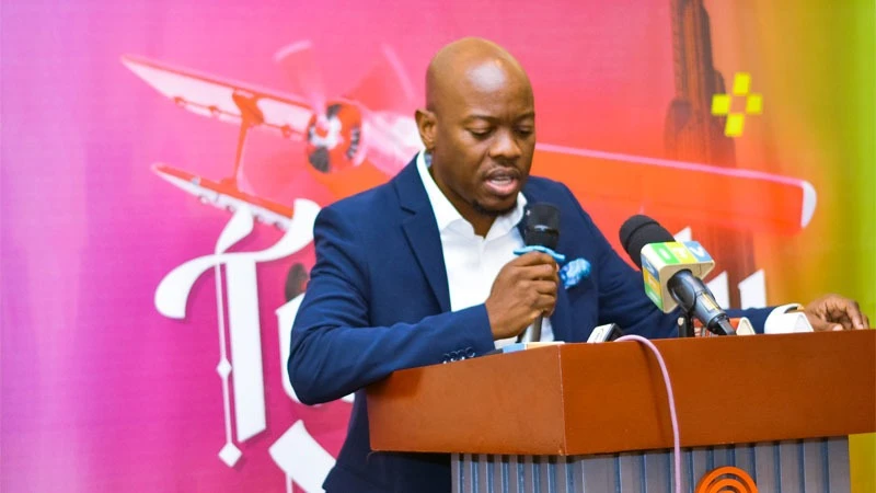 Parimatch Tanzania's Head of Marketing, Levis Paul, speaks during the launch of a promotion, known as 'Twenzetu Dubai', which will have eight sports stakeholders winning return tickets to Dubai. The event took place in Dar es Salaam on Monday. 