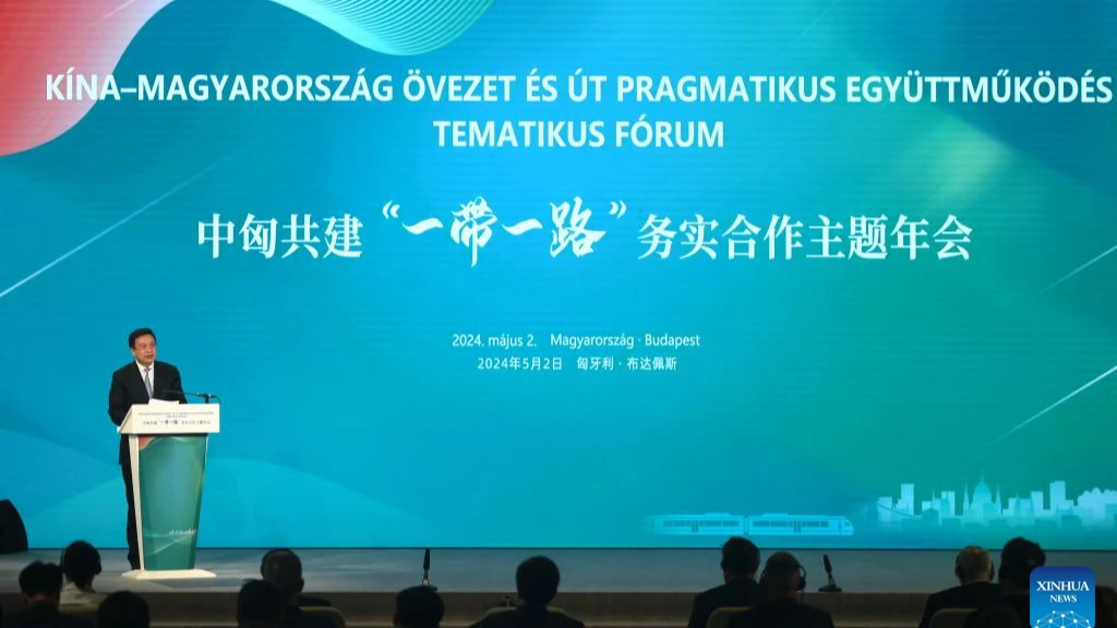 President of Xinhua News Agency Fu Hua addresses a conference focused on cooperation between China and Hungary under the Belt and Road Initiative (BRI) framework in Budapest, Hungary, on May 2, 2024.