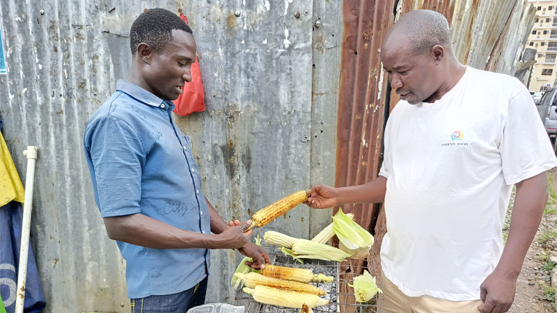 By his own account, when correspondent Francis Godwin caught up with him in Iringa municipality yesterday, John Magesa (L) holds a degree in teaching and has turned to the roasting of maize to earn a living. He gave the going price per piece as 500/-.
