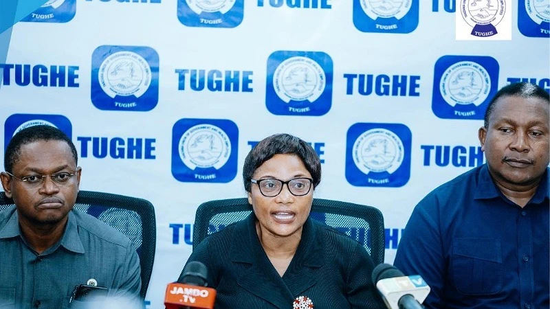 Makamu Mwenyekiti wa TUGHE Taifa, Dk. Jane Madete akizungunza na waandishi wa habari Leo.