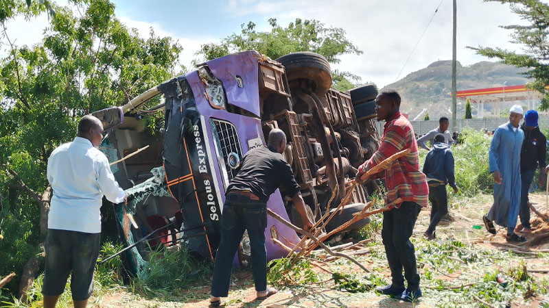 Efforts under way on Monday to rescue people on board a Selous Express bus that overturned near Miesi River in Masasi District on Monday, leaving 15 passengers hurt. It was on routine travel from Mtwara to Ruvuma Region. 