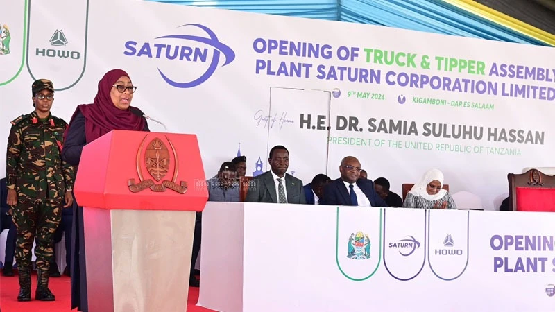 President Samia Suluhu Hassan giving her remarks as she launched Truck and Tipper Assembly Plant  Saturn Corporation Limited in an event held in Dar es Salaam today.