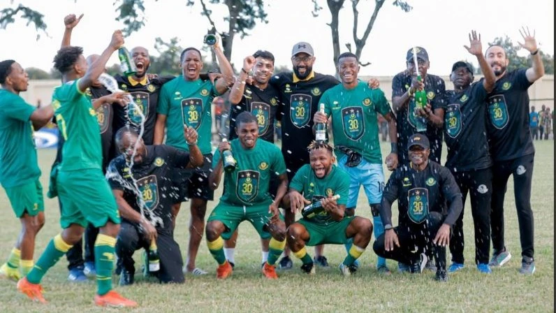 Young Africans SC players celebrate after their NBC Premier Leaguea match against Mtibwa Sugar at Manungu Stadium on Monday. Yanga won 3-1.  