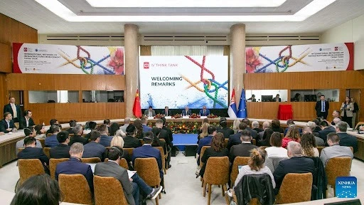 This photo taken on May 17, 2024 shows a scene at the fourth forum co-organized by the Belgrade think tank "Belt and Road" Institute and the Center for Sustainable Development of Beijing Jiaotong University in Belgrade, Serbia. 