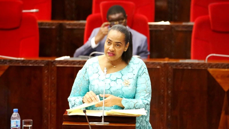Minister for Natural Resources and Tourism Angellah Kairuki tables a speech on the estimated revenue and expenditure of the ministry for the financial year 2024/2025 at the Parliament in Dodoma yesterday. 