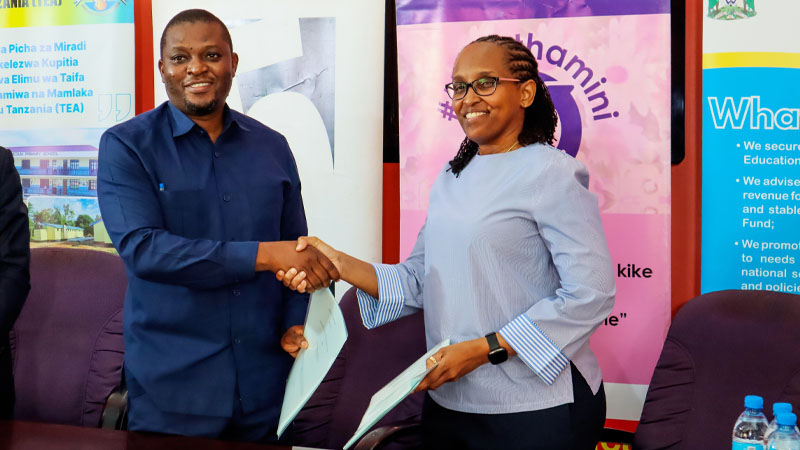 EATV Ltd managing director Regina Mengi (R) and Tanzania Education Authority director general Dr Erasmus Kipesa pictured in Dar es Salaam yesterday shortly after signing a cooperation agreement at the launch of a new ‘season’ of ‘Namthamini’. 